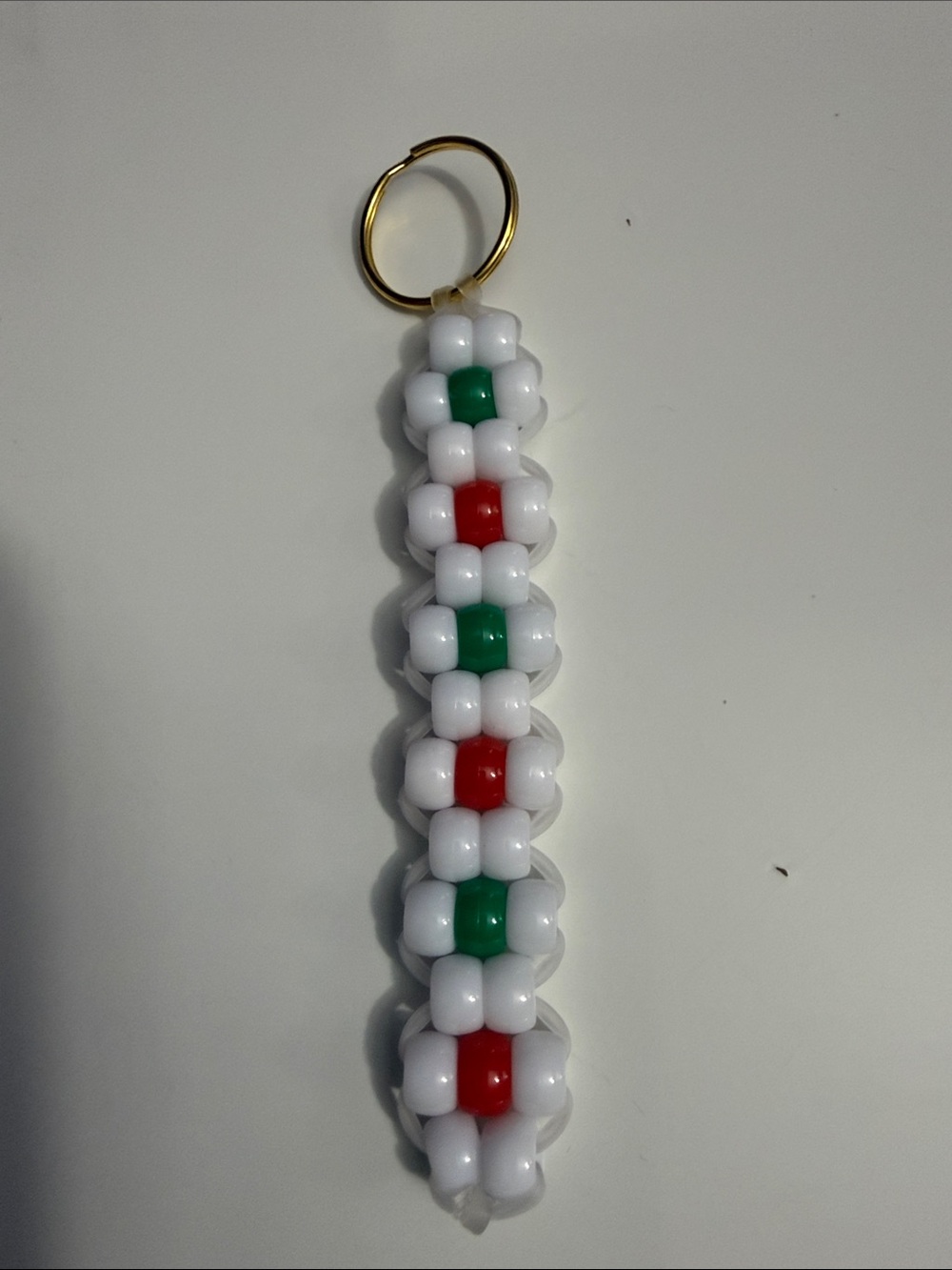 Beaded White Keychain with Red and Green Accents